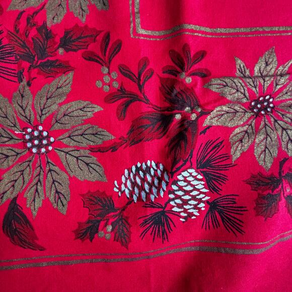 Vintage Christmas Holiday rectangle Tablecloth red gold leaves white pinecones - Picture 9 of 9